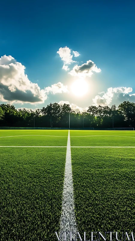 Sunlit soccer field inviting quiet moments before play.