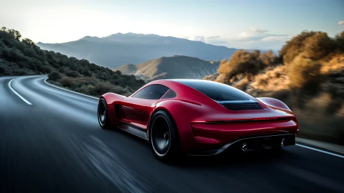 Scarlet supercar carves silver roads through mountain dusk