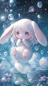 Dreamy bunny floating in sparkly blue bubbles of joy.