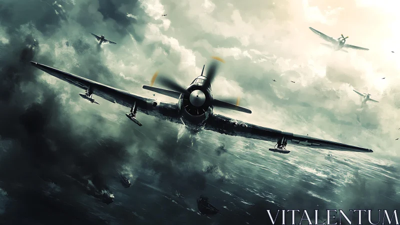 Warplane squadron dives through stormlit battle skies.