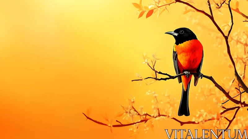 Scarlet Robin Perched on Autumn Branch Against Golden Sky.