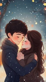 Two Hearts Share a Tender Winter Embrace Under Falling Snow