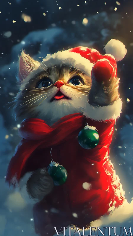 Snow-dancing Santa kitten reaches for the falling winter glow