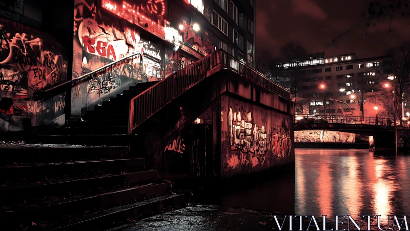 Noir riverside stairs with red-lit graffiti under city night.