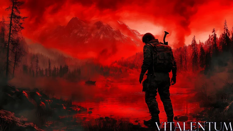 Tactical wanderer surveying crimson fog lake at dusk.