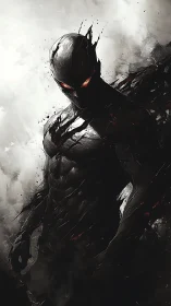 Ashborn sentinel with ember eyes stalking through stormed void.