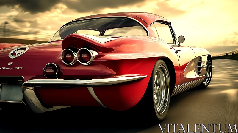 Sleek classic red sports car glides confidently into sunset roads