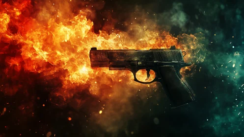 Handgun rendered with dynamic fire explosion and teal atmospheric effects