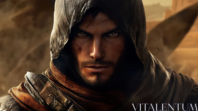 Hooded male character rendered in close-up digital portrait