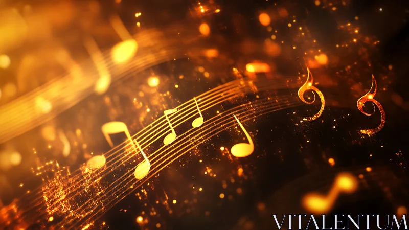 Golden music notes swirl through glowing abstract light