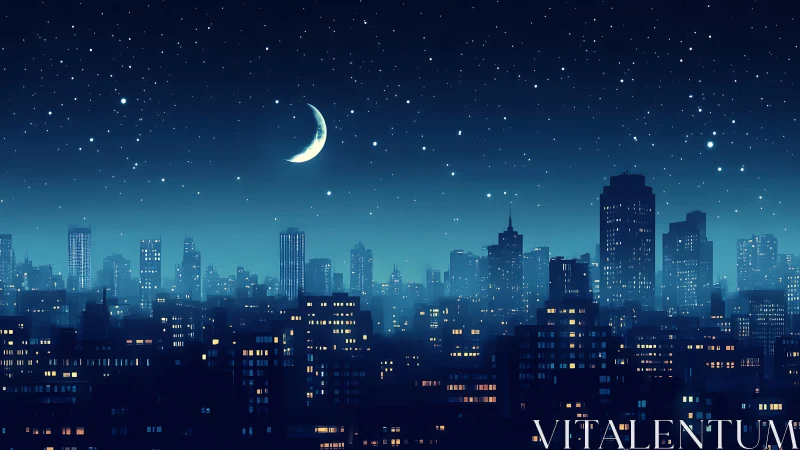 Crescent moon over dense blue city skyline at night.