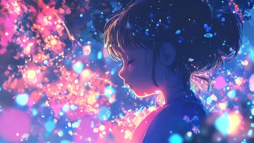 Girl in neon bokeh glow embraces quiet night reverie.