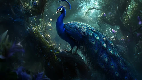 Majestic blue peacock stands on mossy branch in twilight forest