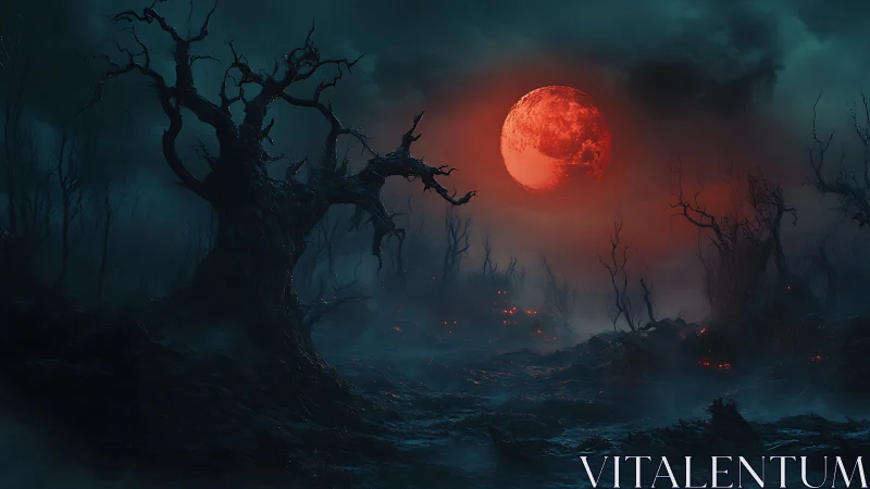 Blood-red moon over cursed dead forest at night.
