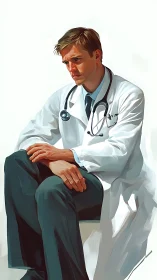 Worried doctor in white coat sits in quiet contemplation.