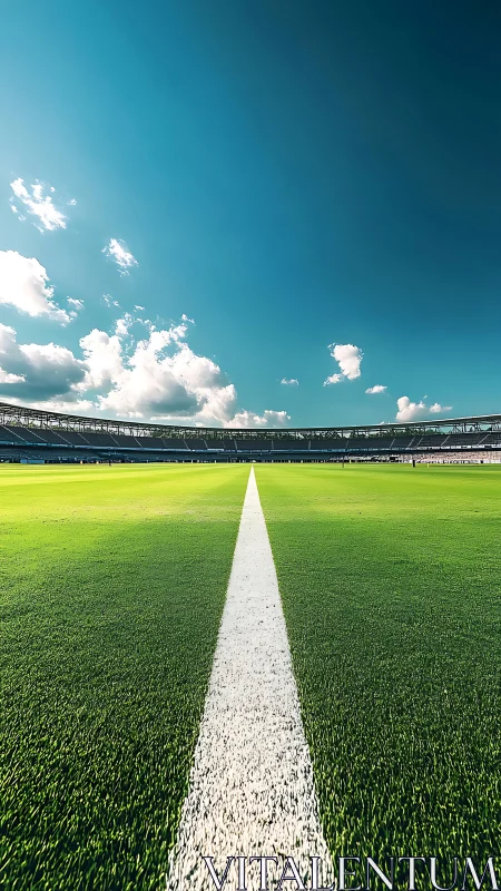 Stadium horizon line slicing emerald turf and vast sky.