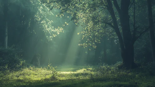 Forest clearing with crepuscular light rays through tree canopy.
