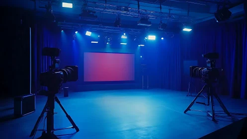 Television studio shows empty blue-lit stage with cameras ready