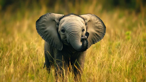 Young elephant calf standing alert in tall golden grass.
