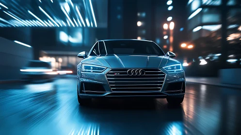 Silver Audi sedan on wet neon lit city street at night.