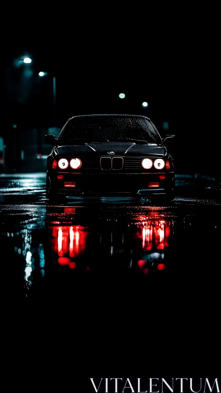 Midnight car waits in glowing reflections on wet streets.