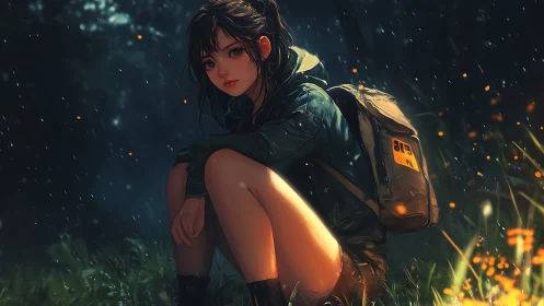 Quiet campfire pause with a thoughtful girl in the rain