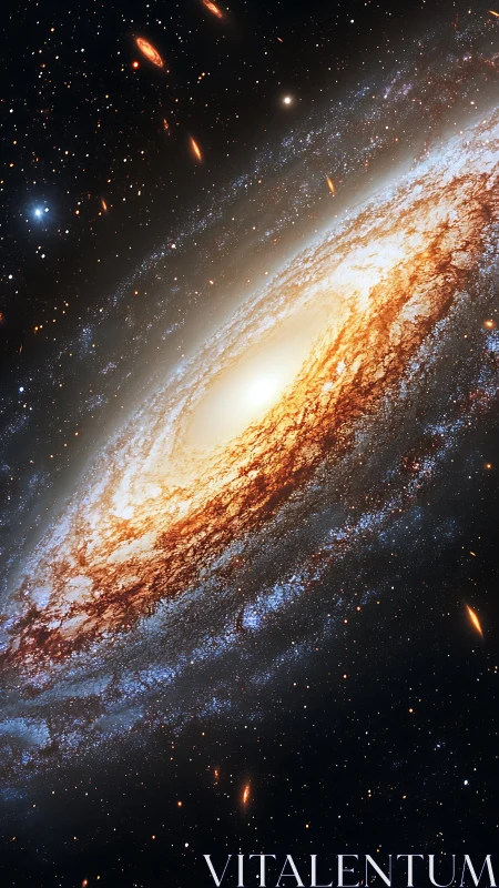 Golden spiral galaxy wrapped in soft starlit blues.