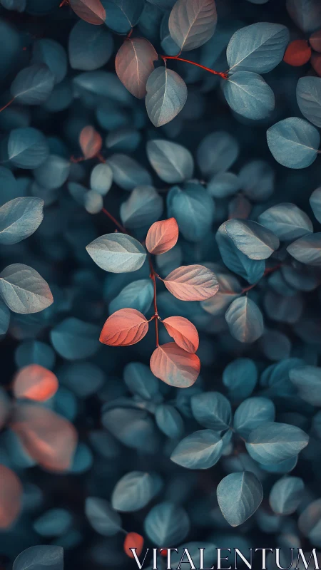 Muted close-up of blue foliage with sparse orange leaves.