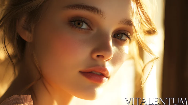 Soft golden portrait of young woman in warm window light.