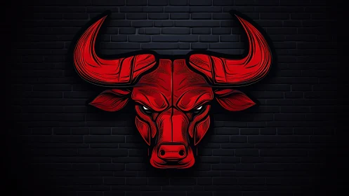 Scarlet bull emblem blazing against midnight brick wall.