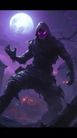 Sinister hooded wraith stalks a burning village at moonrise.