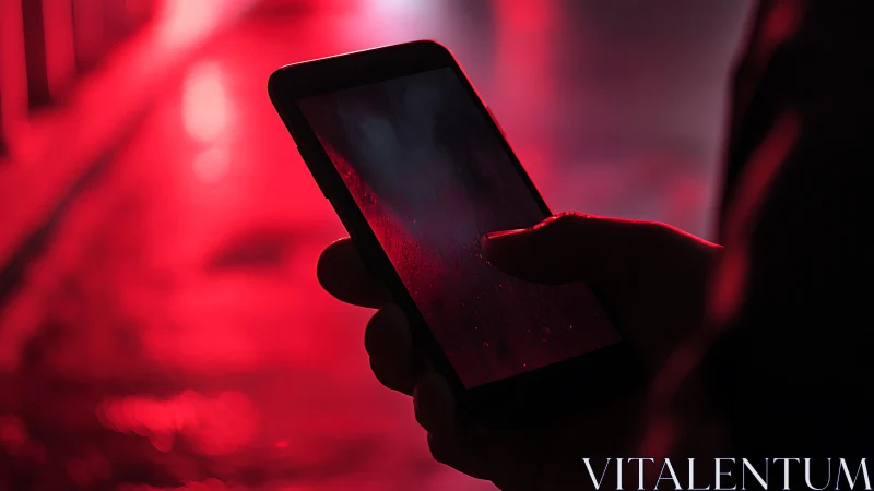 Hand holding smartphone in red low light environment.