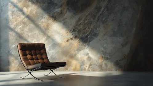 Modern leather lounge chair offset against textured stone wall