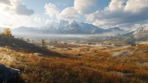 Sunlit alpine valley with misted peaks and autumn meadow.