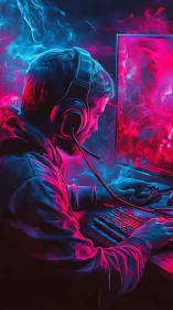 Neon gamer settles into a glowing world of focused play