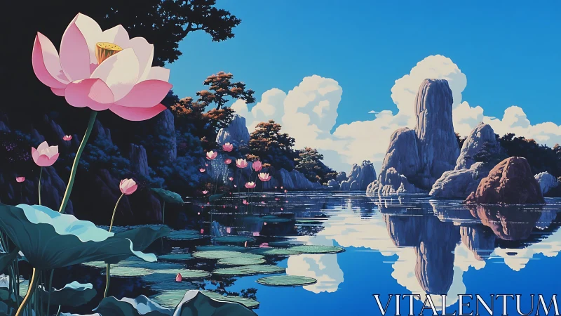 Lotus lake reflects towering cliffs under brilliant sky.