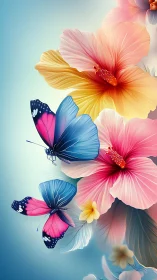 Digital painting of hibiscus blooms and butterflies in vertical flow.