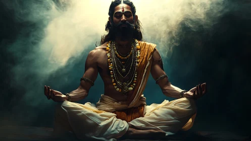 Ascetic yogi meditates in dramatic chiaroscuro studio lighting