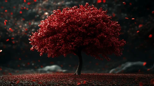 Solitary crimson tree rendered in high-contrast cinematic depth