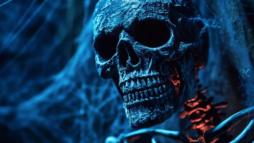 3D-rendered skeletal close-up in dramatic blue rim lighting.
