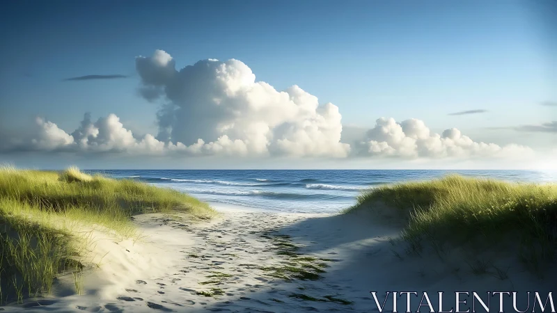 Sunlit dune path opens toward calm blue ocean horizon
