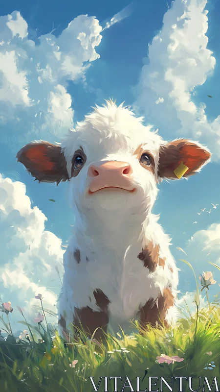 Low-angle stylized calf portrait under volumetric cumulus sky
