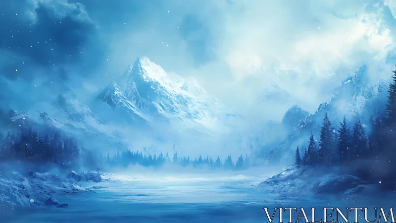 Peaceful winter mountains wrapped in soft blue morning light.