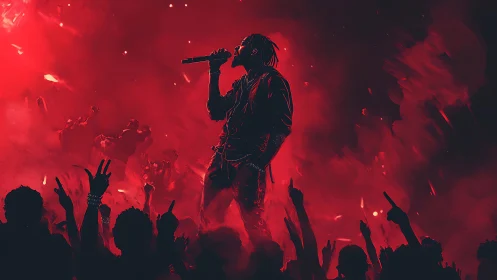 Red-spectrum digital painting of concert vocalist in silhouette.