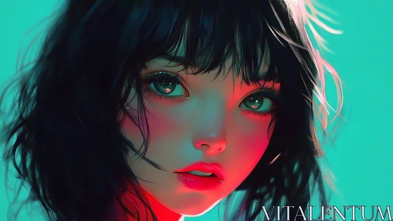 Neon lit anime girl portrait shows intense reflective gaze
