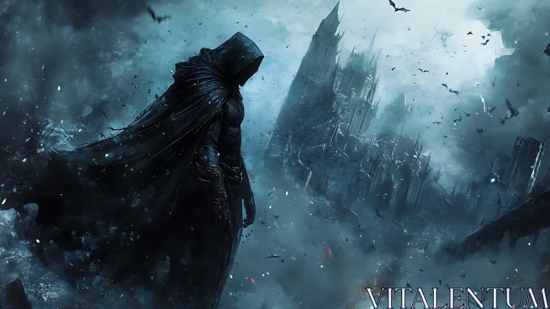 Hooded dark warrior overlooking ruined gothic cityscape.