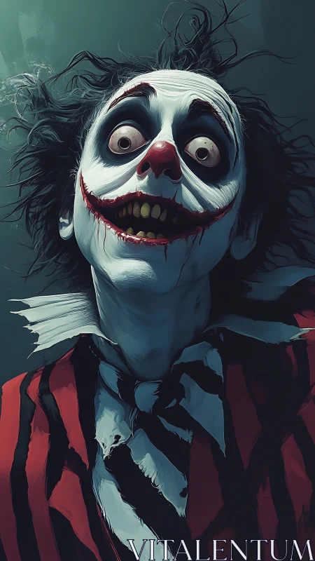 Eccentric clown leans close with wild hair and intense smile