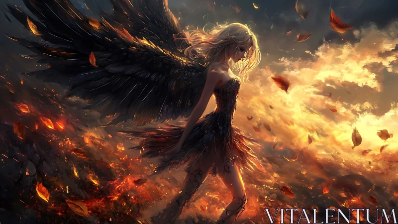 Winged warrior strides through ember field under backlit storm