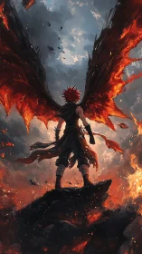 Volcanic-winged warrior on basalt outcrop amid stormfire.