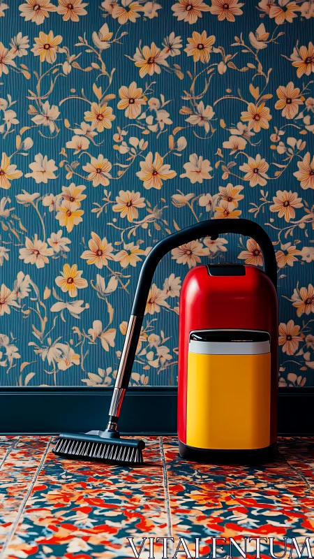 Retro vacuum poses proudly amid riotous floral patterns